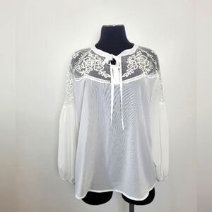 Cellabie Peasant Blouse White Lace Floral Boho Gypsy Milkmaid Cottagecore Large